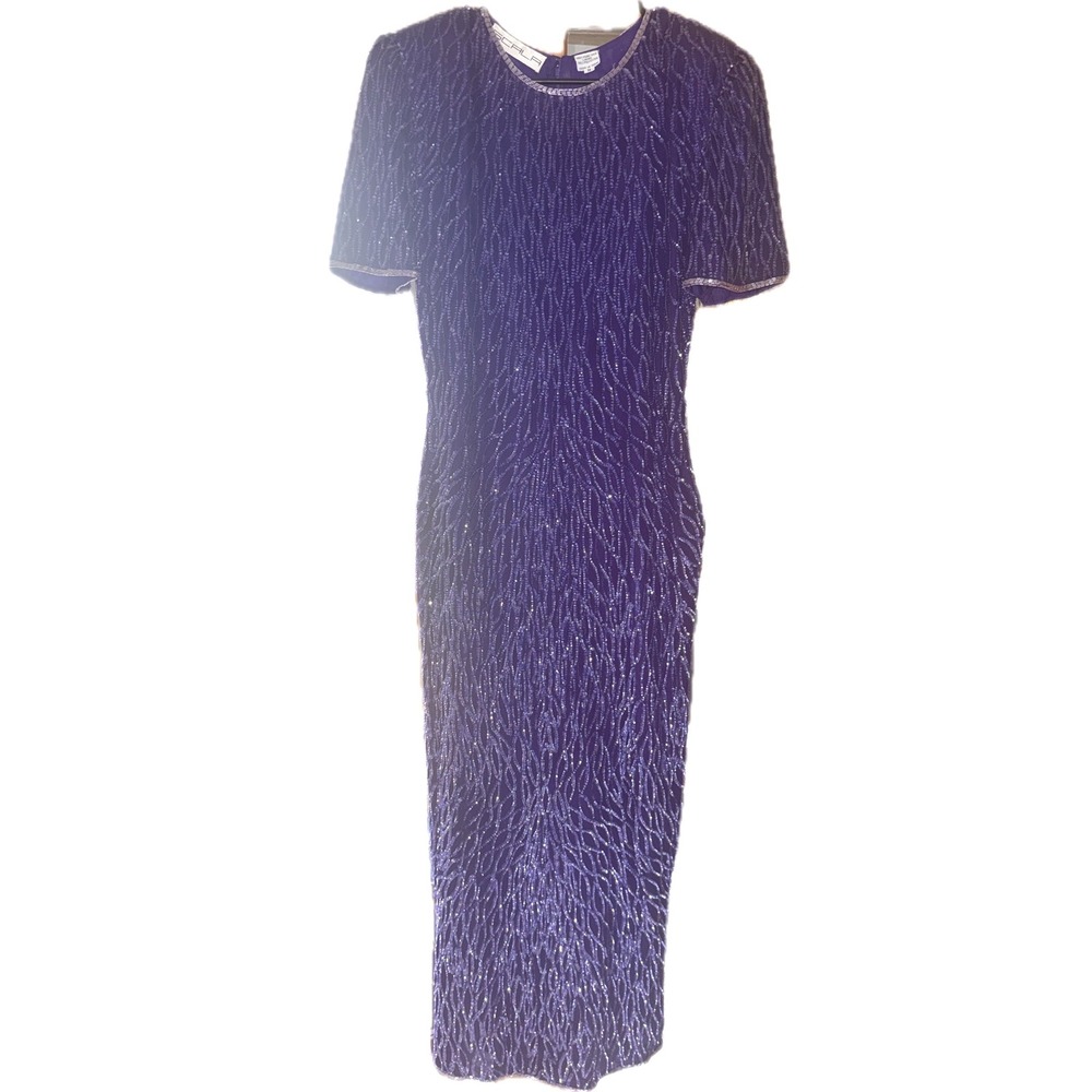Scala Vintage Purple Silk Beaded Sequin Column Dress Evening Gown Womens Medium